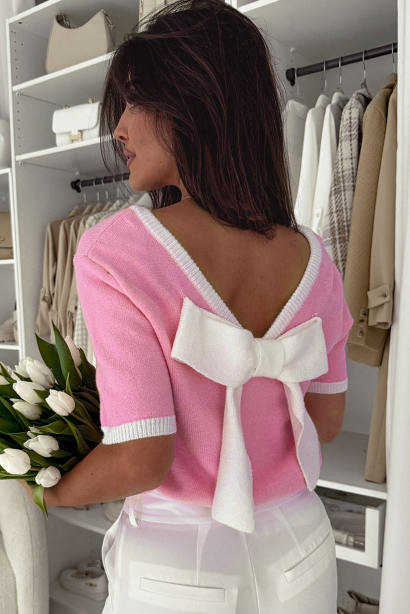 Bonbon Colorblock Big Bow Backless Knit Top