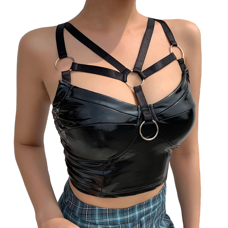 Sexy Women Tank Tops / Gothic Hollow Out Top / Bandage Black Leather Backless Camis