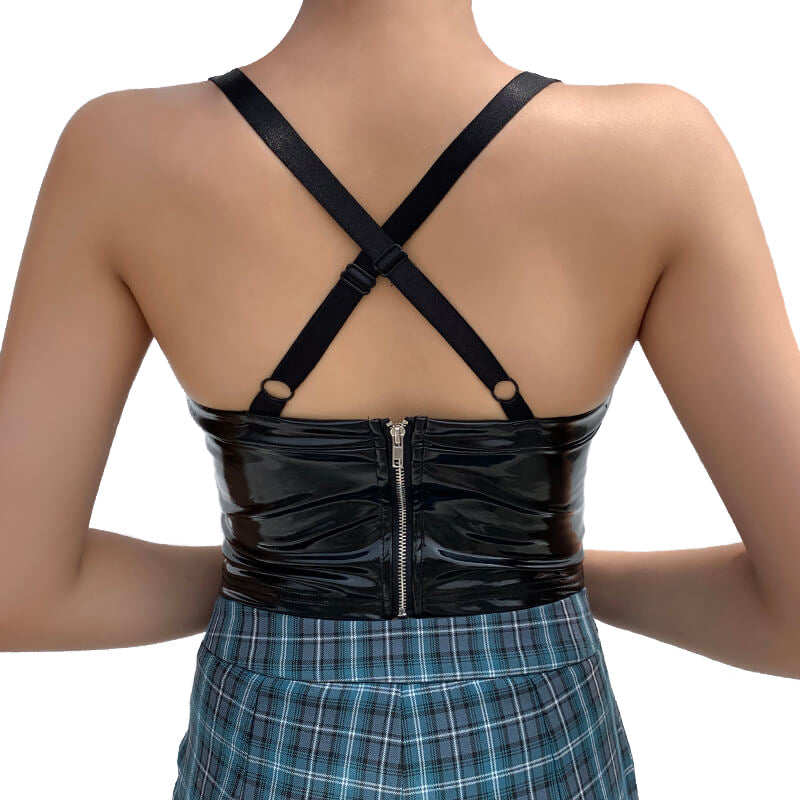 Sexy Women Tank Tops / Gothic Hollow Out Top / Bandage Black Leather Backless Camis