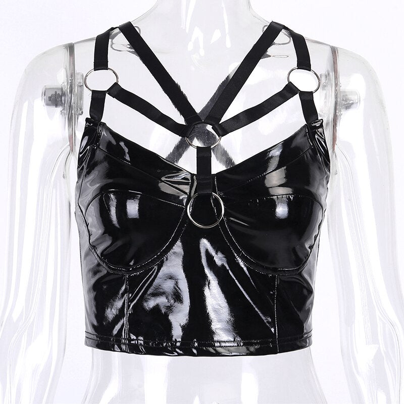 Sexy Women Tank Tops / Gothic Hollow Out Top / Bandage Black Leather Backless Camis