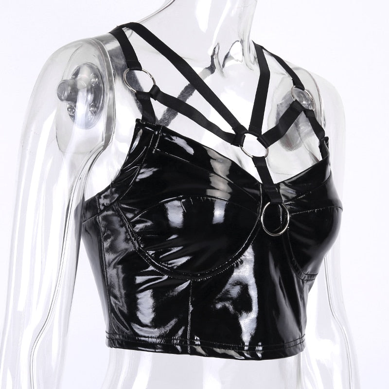 Sexy Women Tank Tops / Gothic Hollow Out Top / Bandage Black Leather Backless Camis