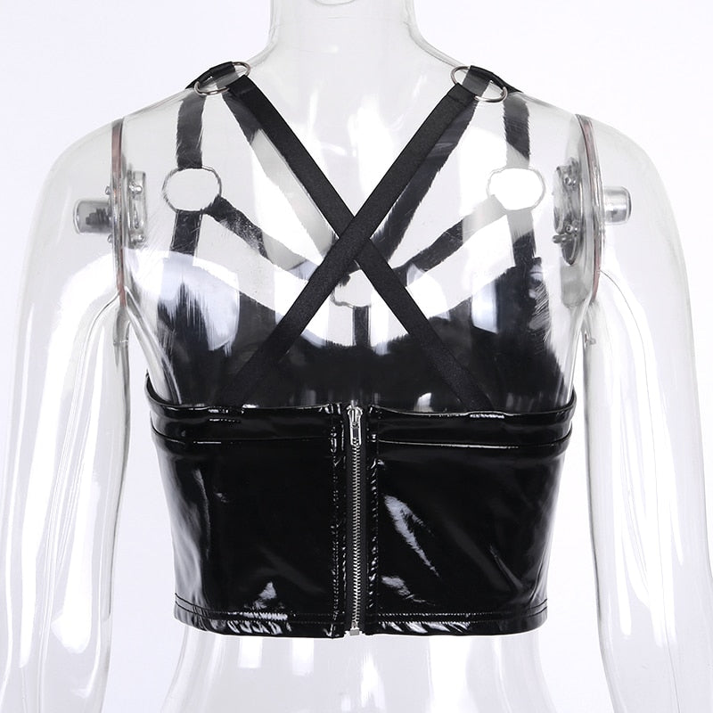 Sexy Women Tank Tops / Gothic Hollow Out Top / Bandage Black Leather Backless Camis