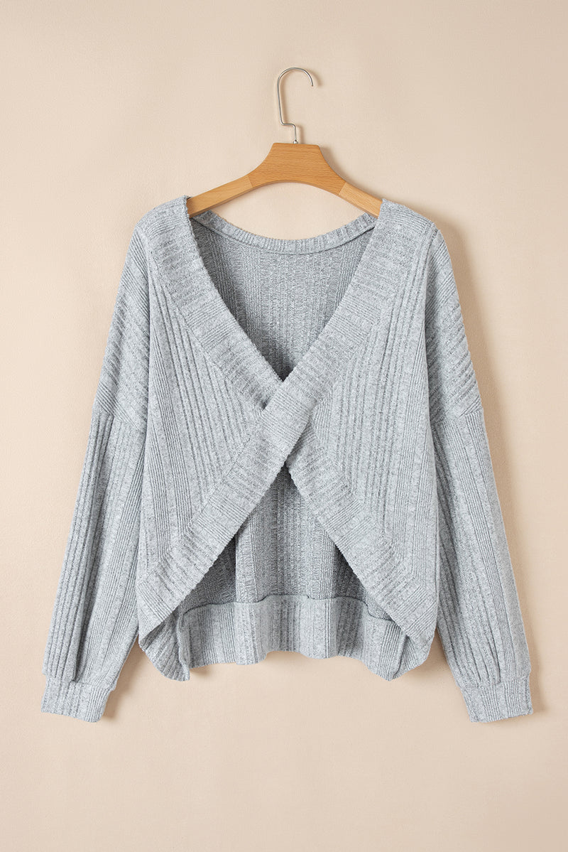 Light Grey Textured Crossover Backless Knit Long Sleeve Top