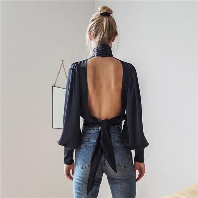Keyhole Backless Lantern Long Sleeve Blouse