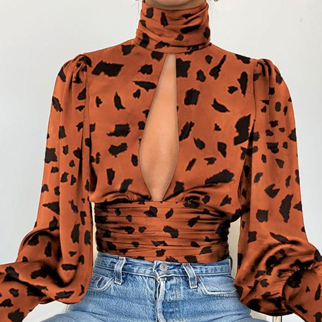 Keyhole Backless Lantern Long Sleeve Blouse