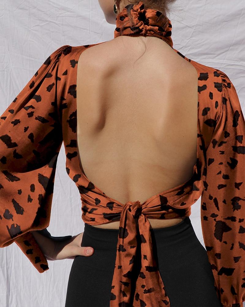 Keyhole Backless Lantern Long Sleeve Blouse
