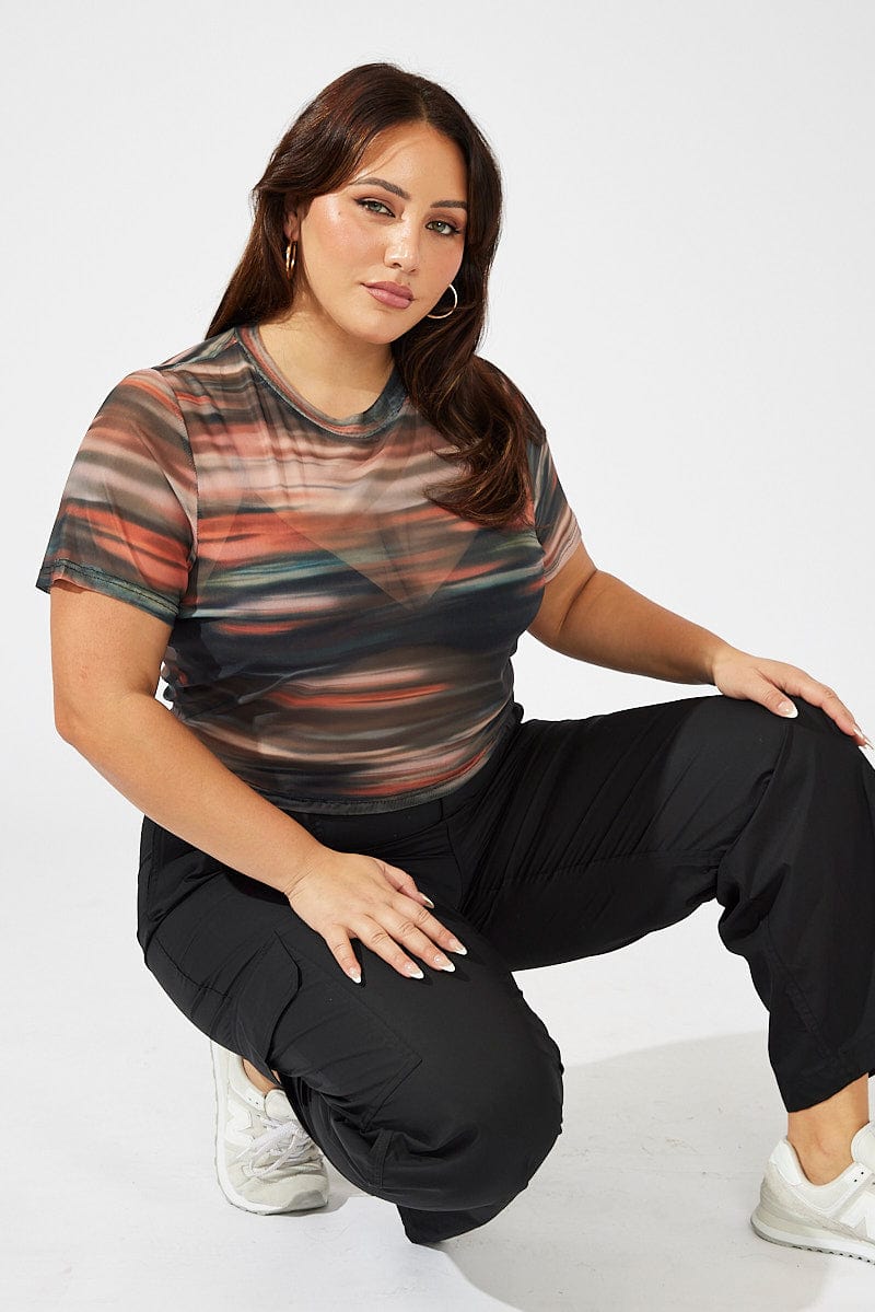Brown Abstract Crop T-shirt Short Sleeve Crew Neck Mesh