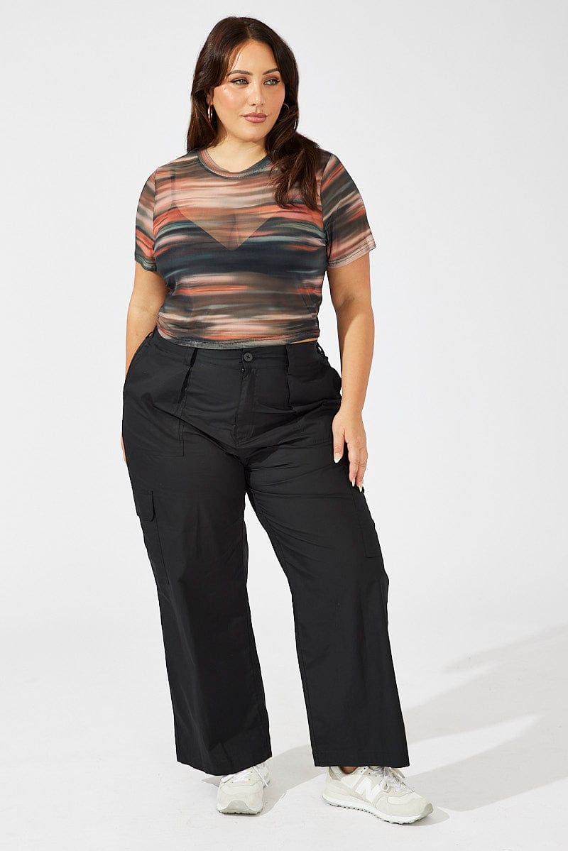 Brown Abstract Crop T-shirt Short Sleeve Crew Neck Mesh