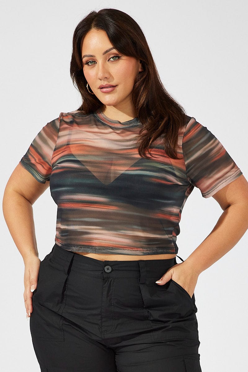 Brown Abstract Crop T-shirt Short Sleeve Crew Neck Mesh