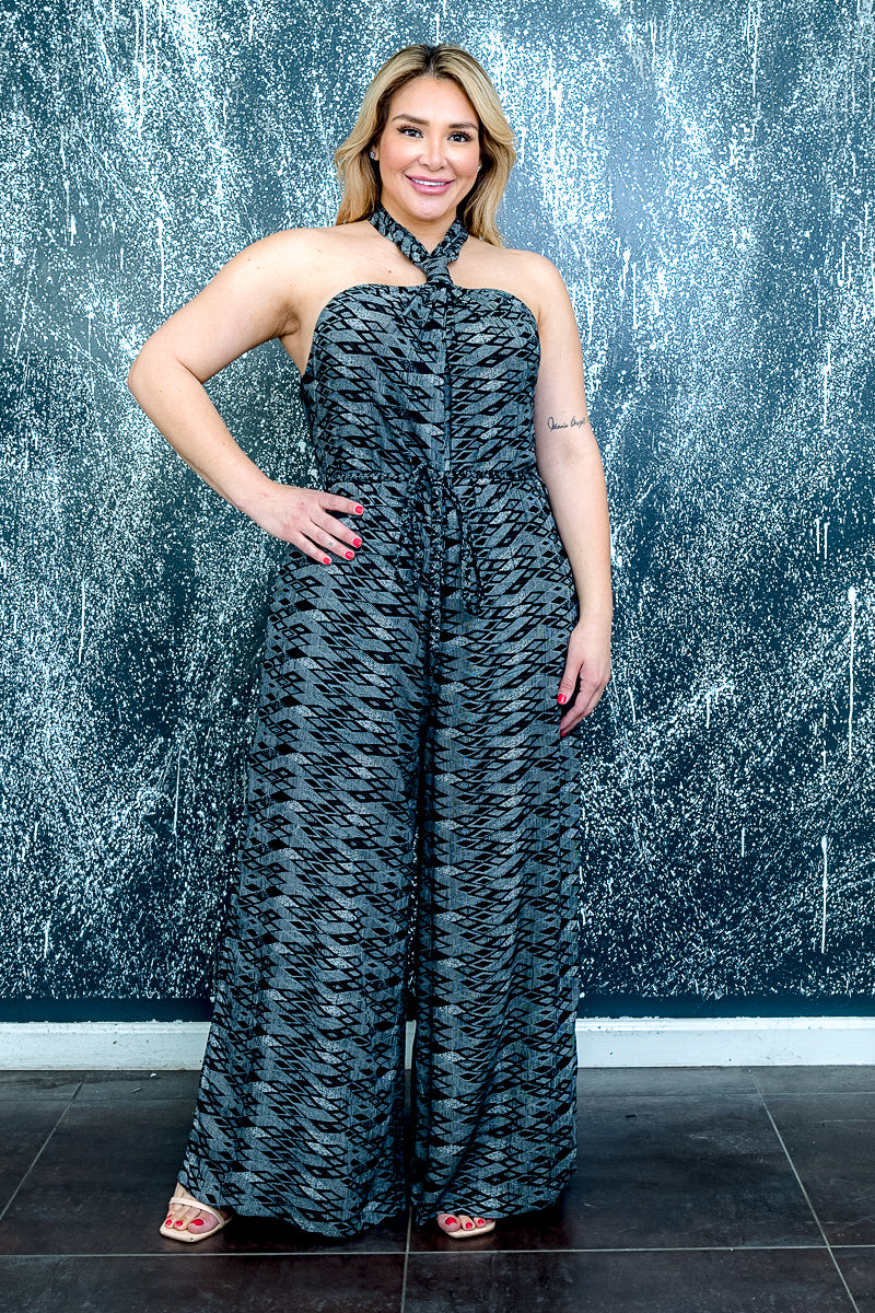 Plus Size Geometric Print Halter Top Backless Jumpsuit with Wide Legs and Drawstring Waist (FE22E293) Y
