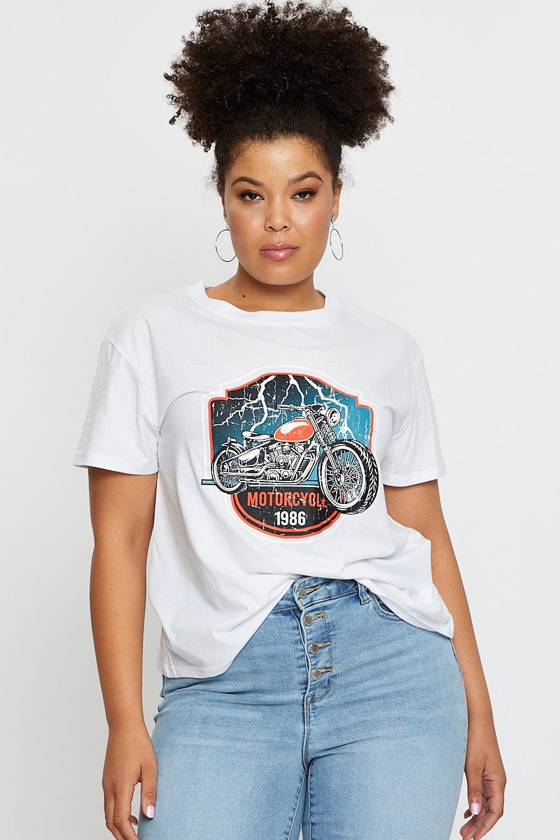 White Graphic T-shirt Motorcycle Short Sleeve Cotton