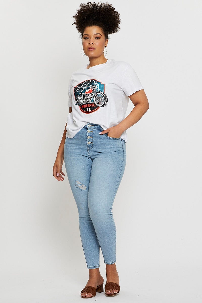 White Graphic T-shirt Motorcycle Short Sleeve Cotton
