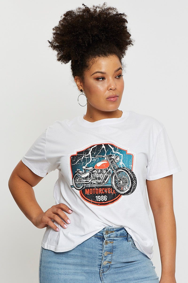 White Graphic T-shirt Motorcycle Short Sleeve Cotton
