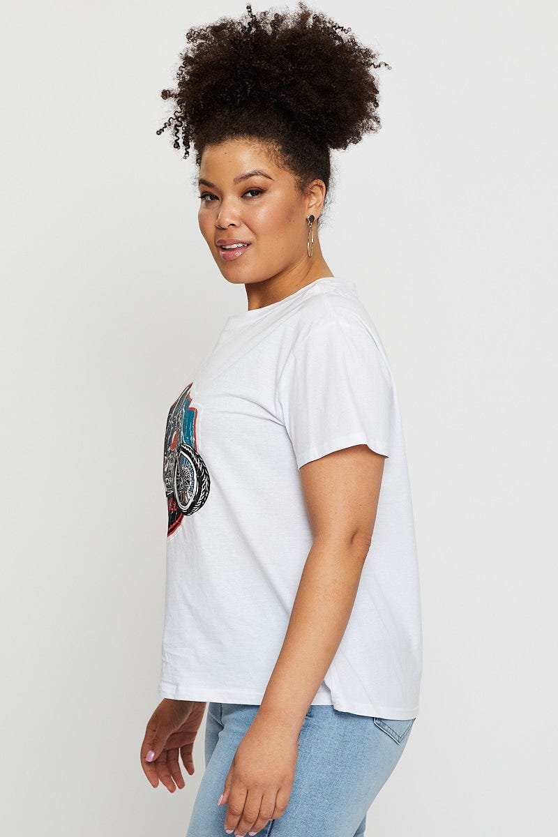 White Graphic T-shirt Motorcycle Short Sleeve Cotton