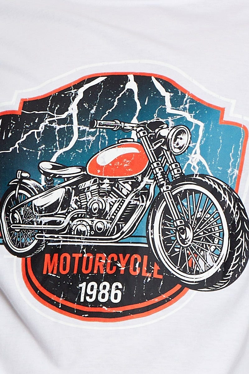 White Graphic T-shirt Motorcycle Short Sleeve Cotton