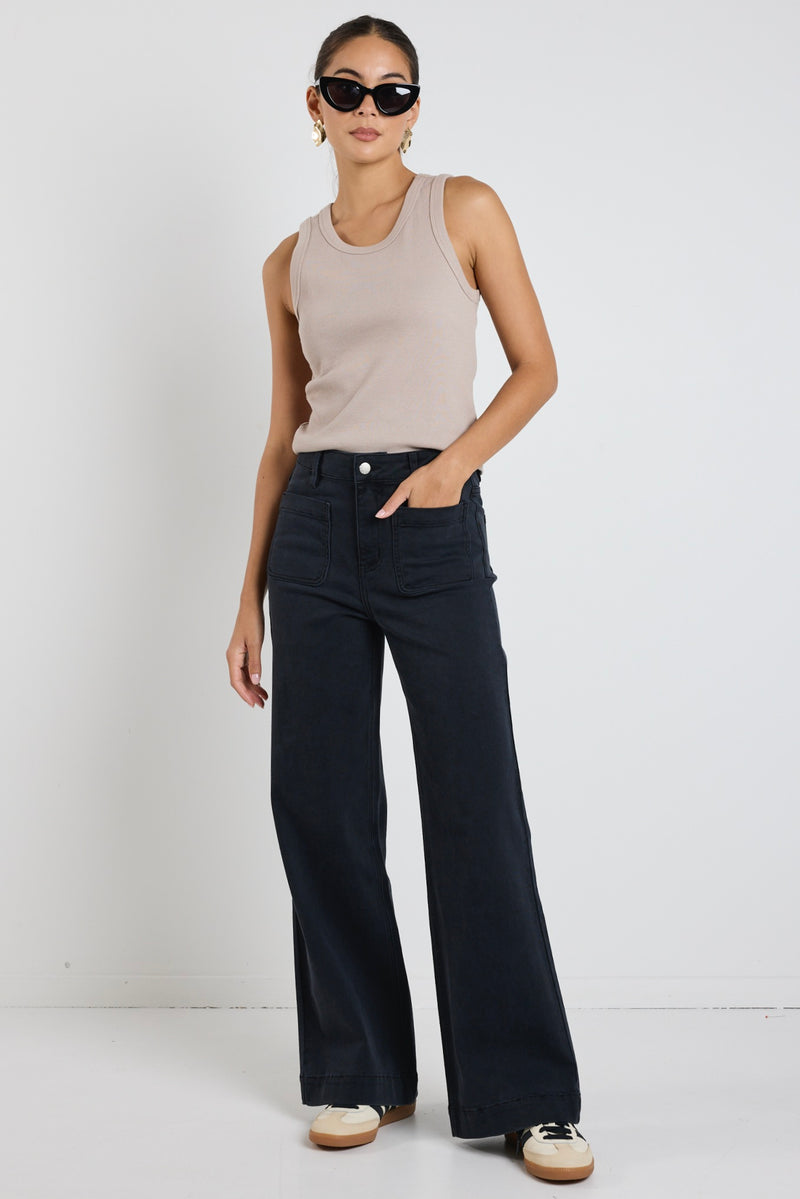 Zoey Black Denim High Rise Wide Leg Pocket Jean