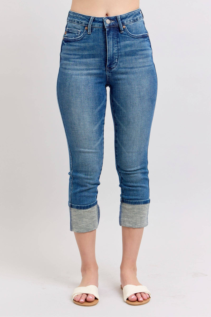Judy Blue High Waist Tummy Control Back Shield Pockets & Cuff Capri Denim Jeans 78114