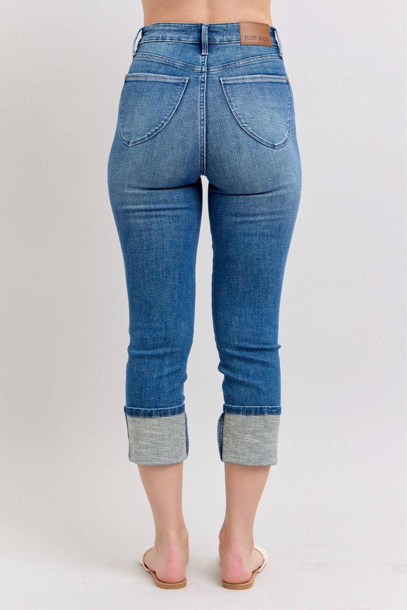 Judy Blue High Waist Tummy Control Back Shield Pockets & Cuff Capri Denim Jeans 78114