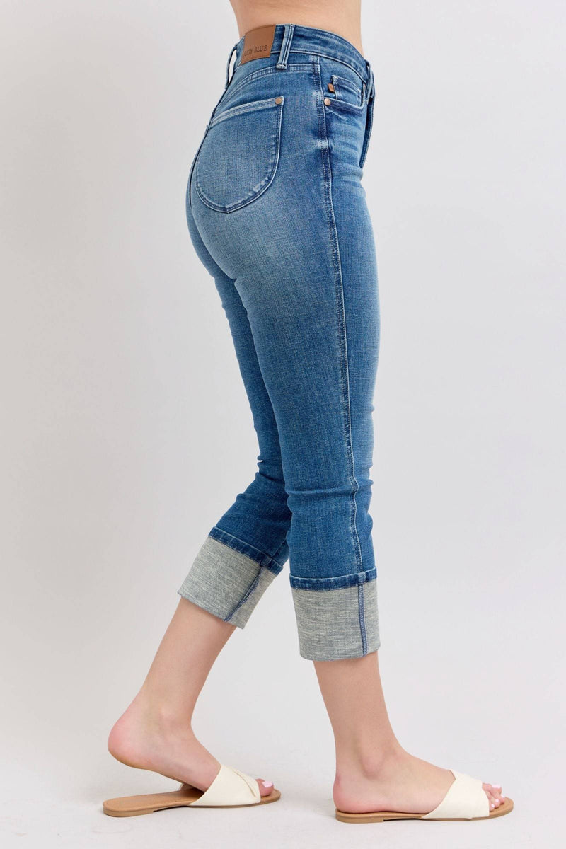 Judy Blue High Waist Tummy Control Back Shield Pockets & Cuff Capri Denim Jeans 78114