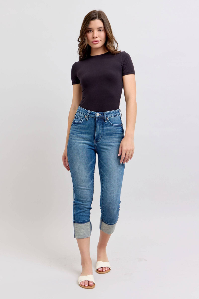 Judy Blue High Waist Tummy Control Back Shield Pockets & Cuff Capri Denim Jeans 78114
