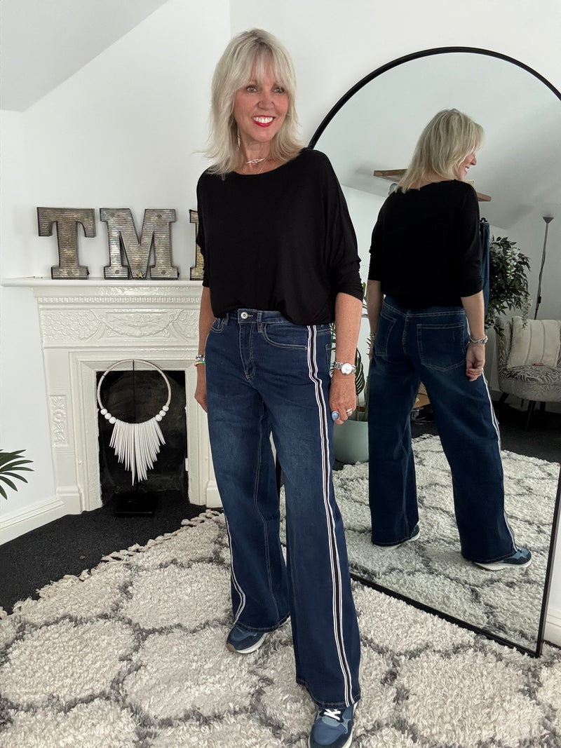 Stretch Flared Jeans with Side Stripes in Dark Denim
