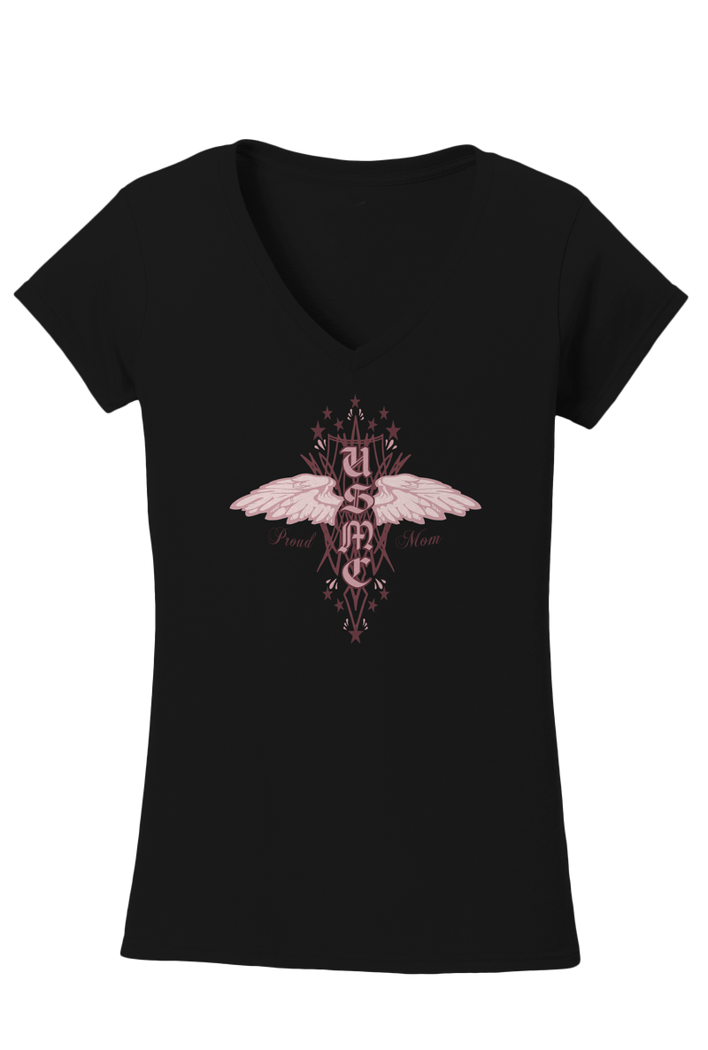 Angel USMC Ladies V-Neck Tee-Black