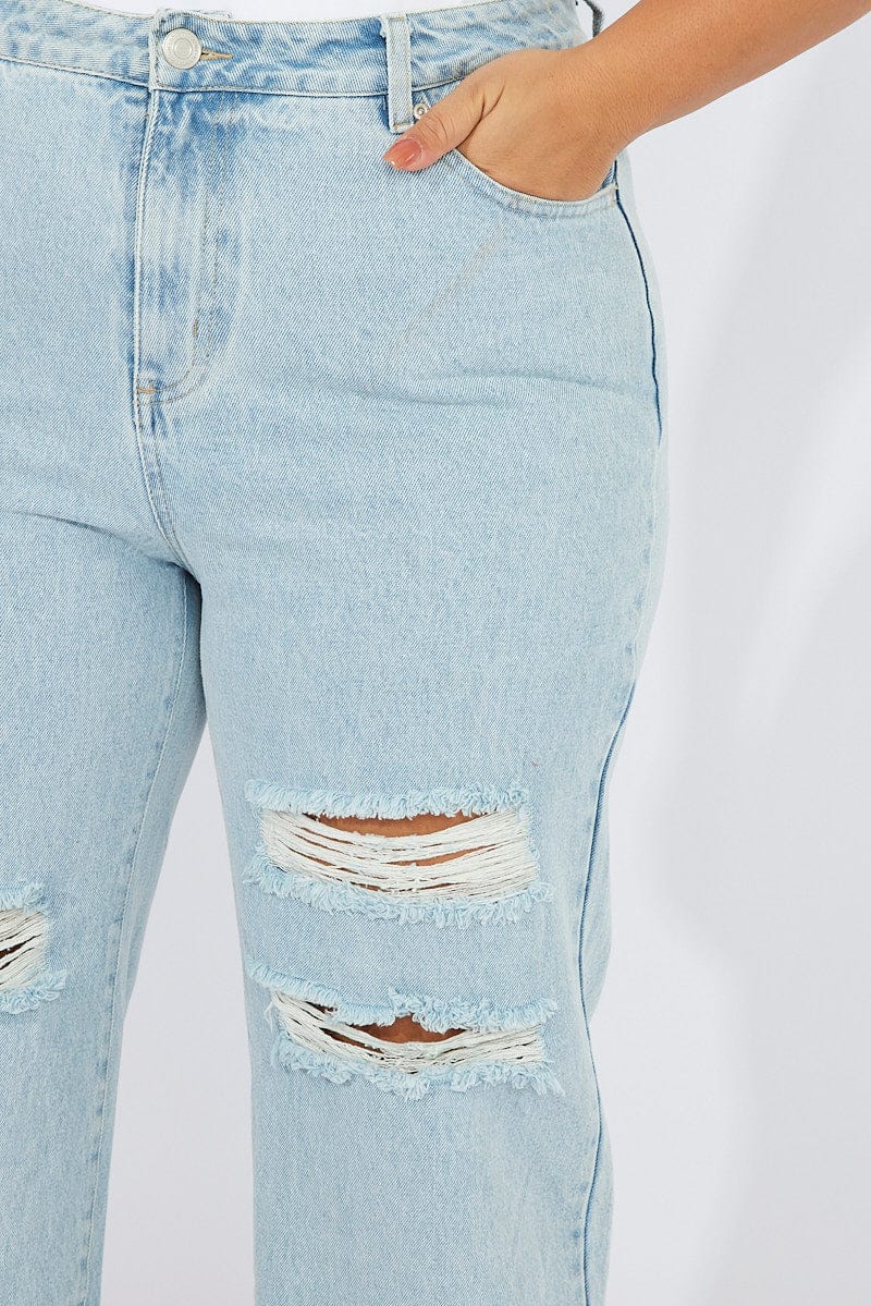 Denim Wide Leg Jeans High Rise Distressed