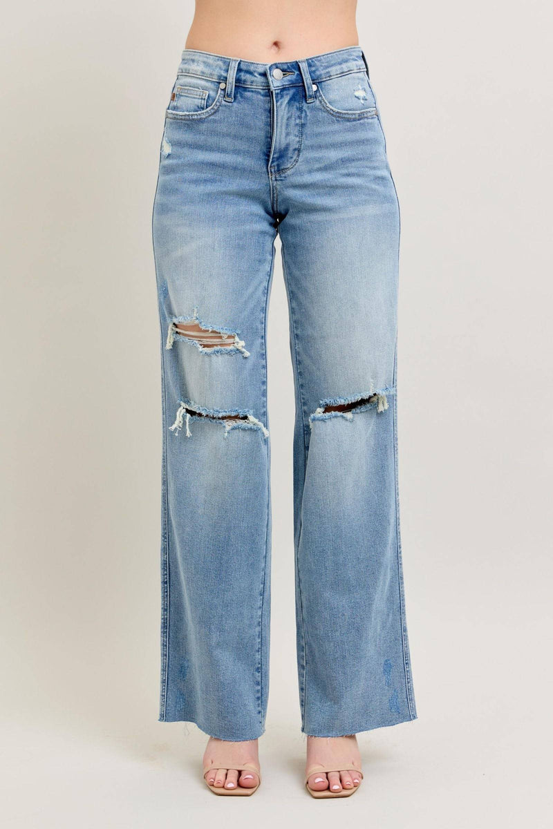 Judy Blue Mid Rise Tummy Control Destroyed Wide Leg Denim Jeans 88933