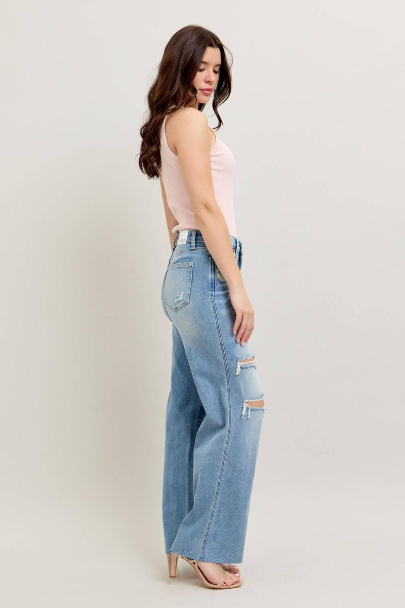 Judy Blue Mid Rise Tummy Control Destroyed Wide Leg Denim Jeans 88933