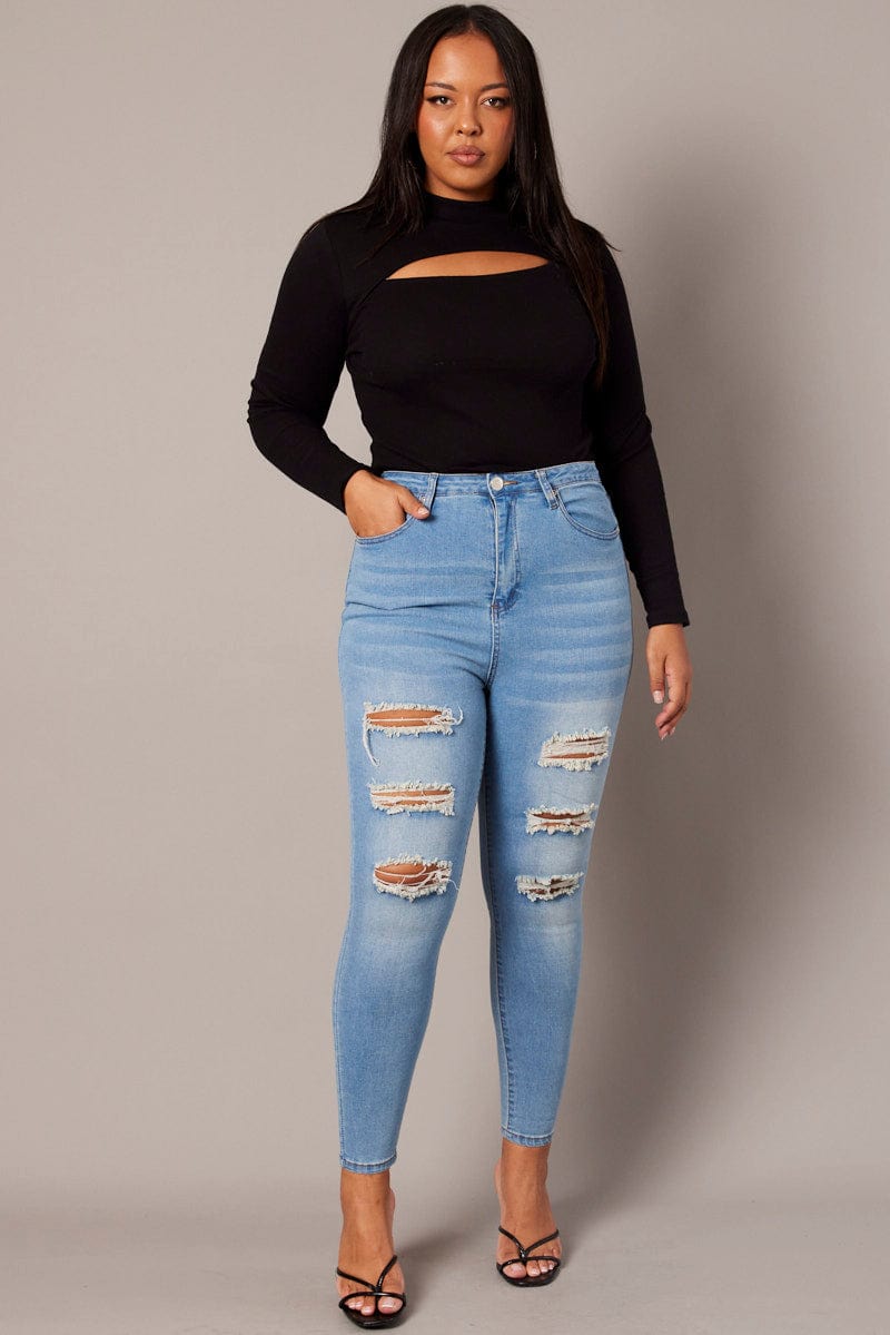 Denim Skinny Jeans High Rise Distressed