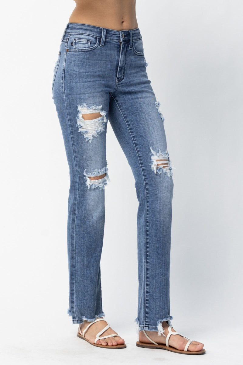 Judy Blue Mid Rise Destroyed Straight Denim Jeans 82425