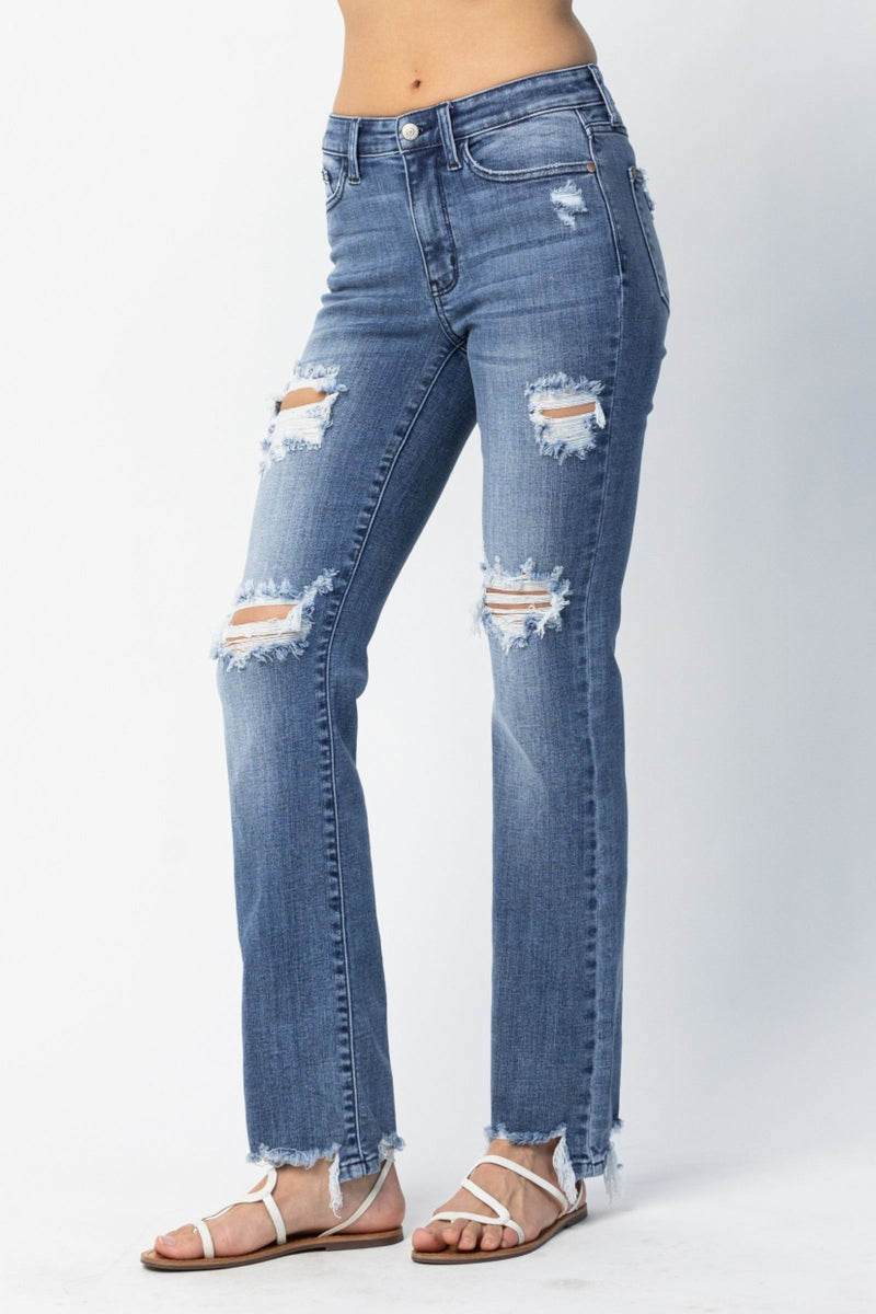 Judy Blue Mid Rise Destroyed Straight Denim Jeans 82425
