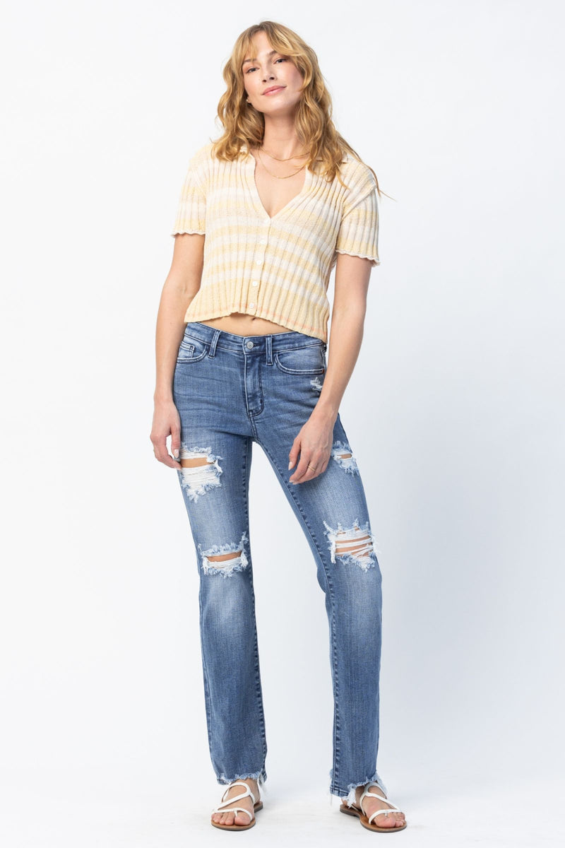 Judy Blue Mid Rise Destroyed Straight Denim Jeans 82425