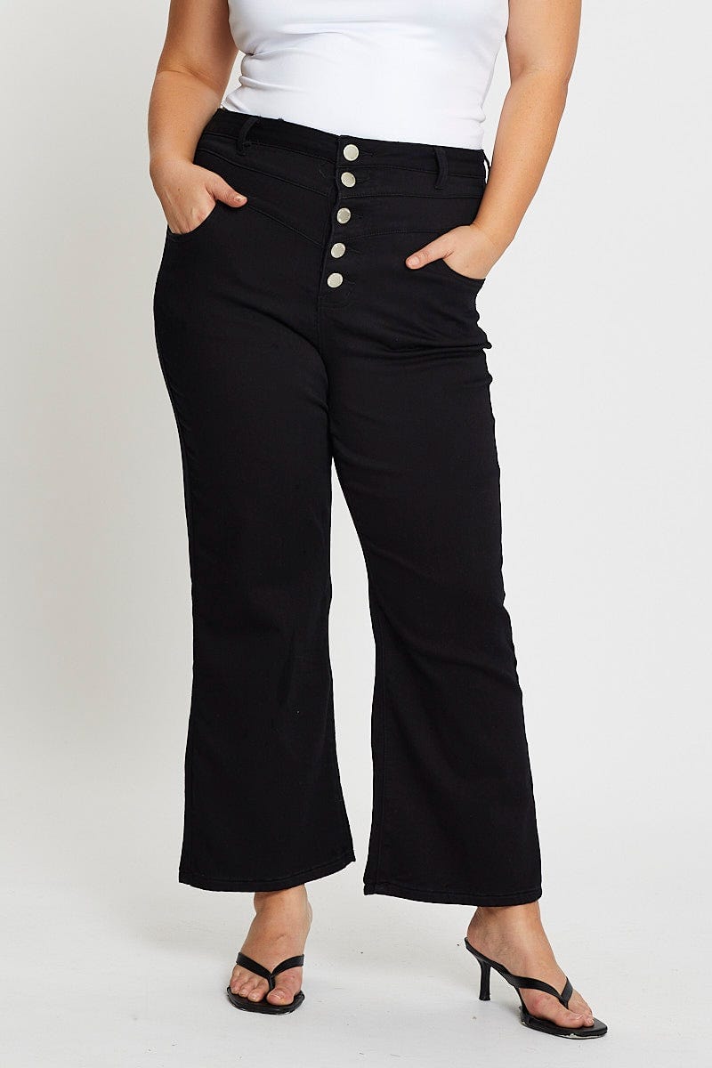 Black High Rise 4 Buttons Wide Leg Denim Jeans