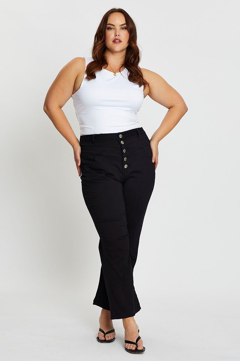 Black High Rise 4 Buttons Wide Leg Denim Jeans