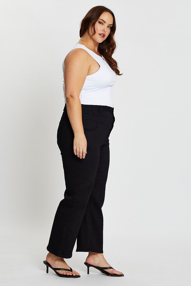 Black High Rise 4 Buttons Wide Leg Denim Jeans