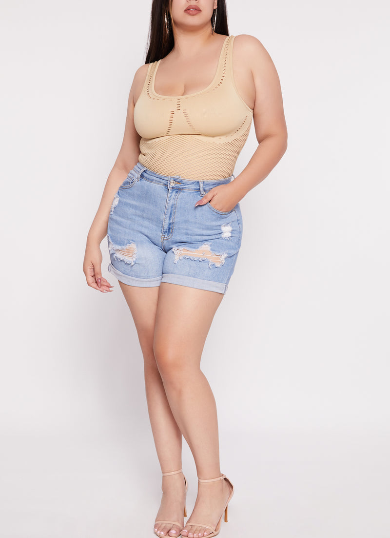 Plus Size Seamless Ribbed Laser Cut Tank Bodysuit