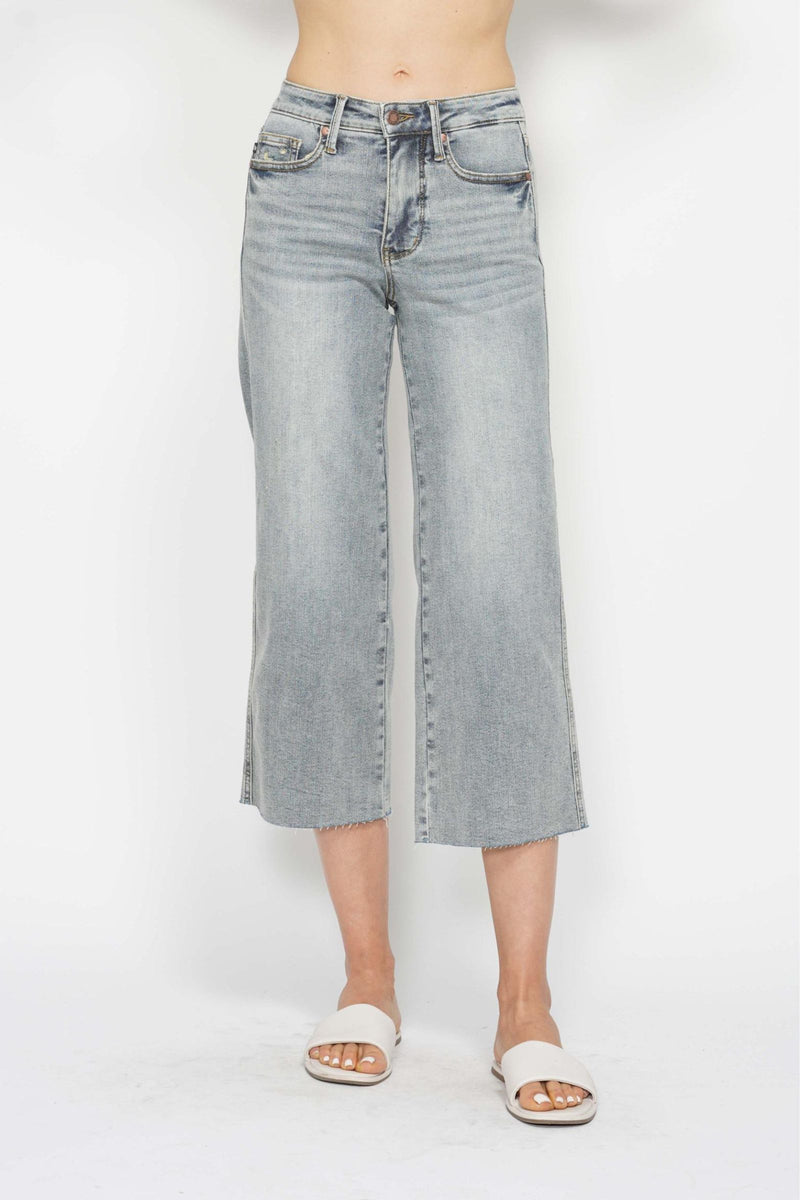 Judy Blue Mid Rise Tummy Control Raw Hem Wide Leg Crop Denim Jeans 88903