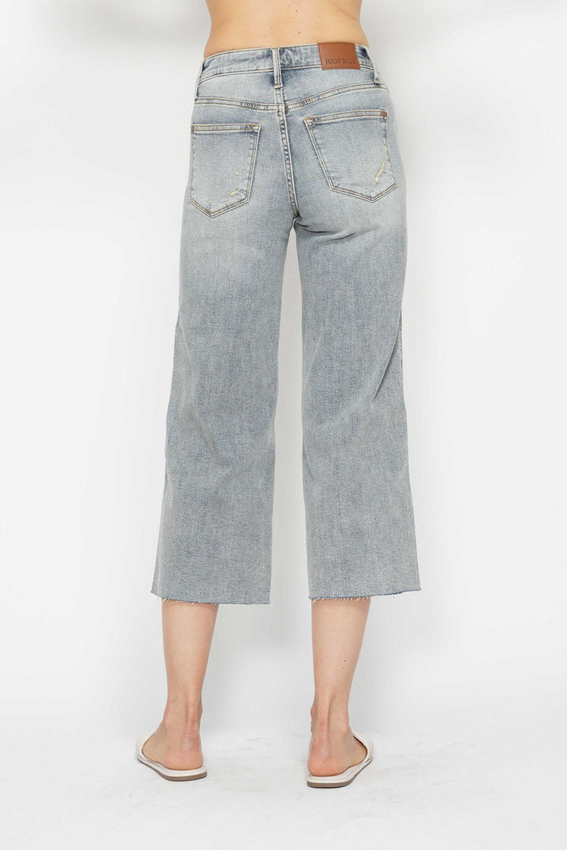 Judy Blue Mid Rise Tummy Control Raw Hem Wide Leg Crop Denim Jeans 88903
