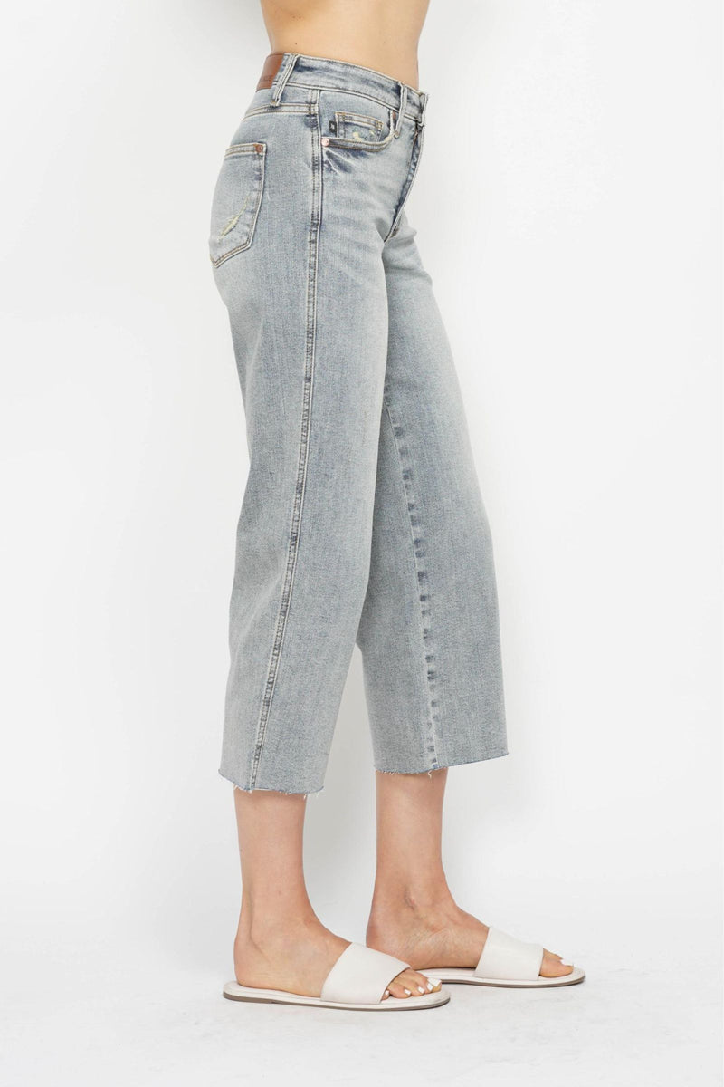 Judy Blue Mid Rise Tummy Control Raw Hem Wide Leg Crop Denim Jeans 88903