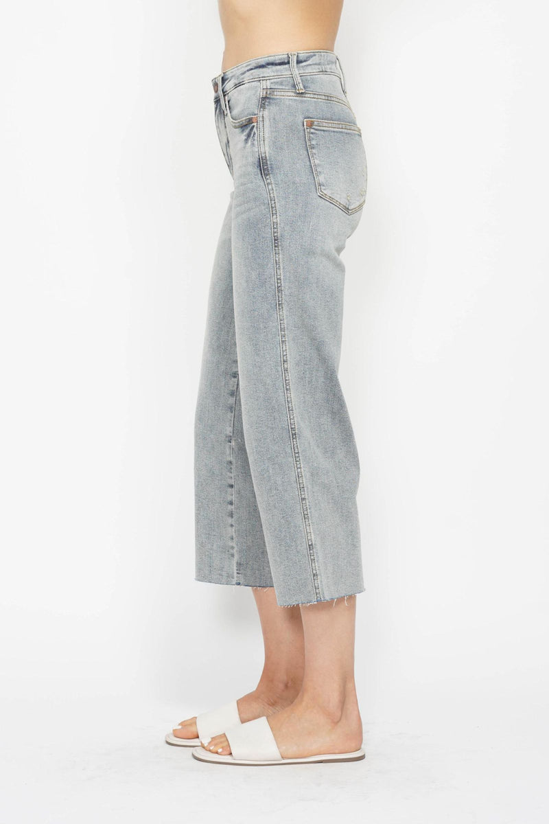 Judy Blue Mid Rise Tummy Control Raw Hem Wide Leg Crop Denim Jeans 88903