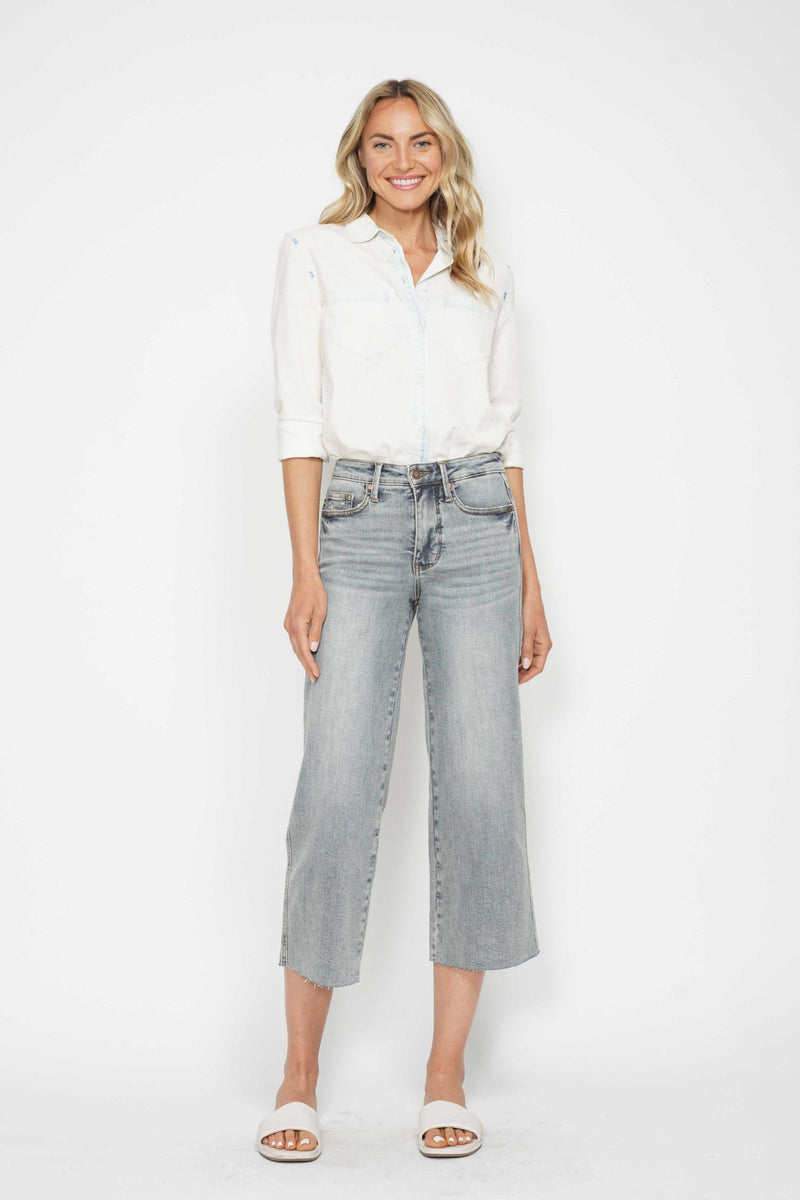 Judy Blue Mid Rise Tummy Control Raw Hem Wide Leg Crop Denim Jeans 88903