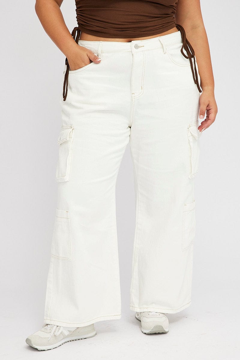 White Cargo Denim Jeans High Rise