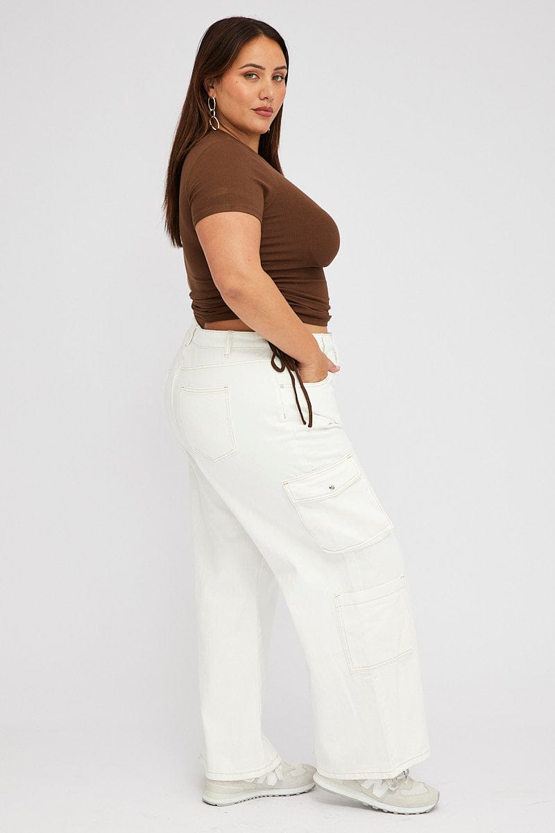 White Cargo Denim Jeans High Rise