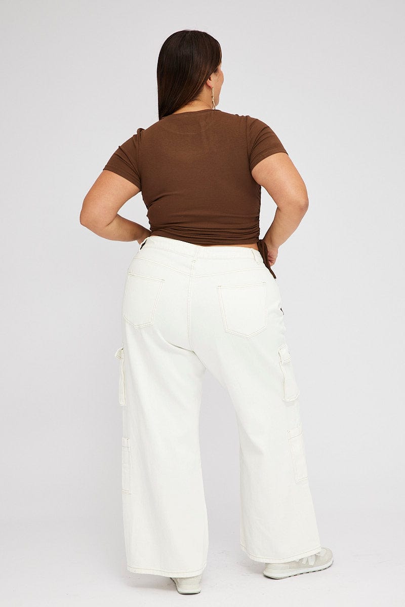 White Cargo Denim Jeans High Rise