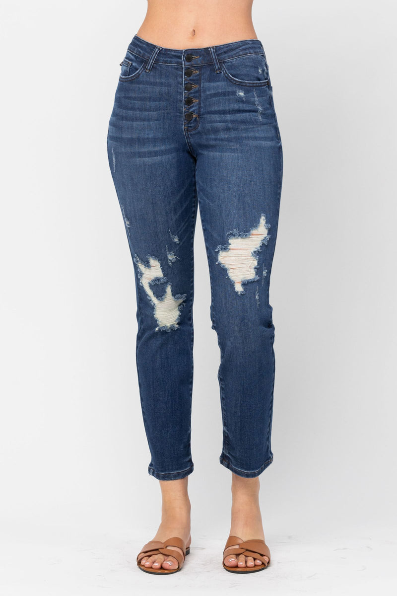 Judy Blue High Waist ZigZag Button Fly & Destroy Boyfriend Denim Jeans 88526