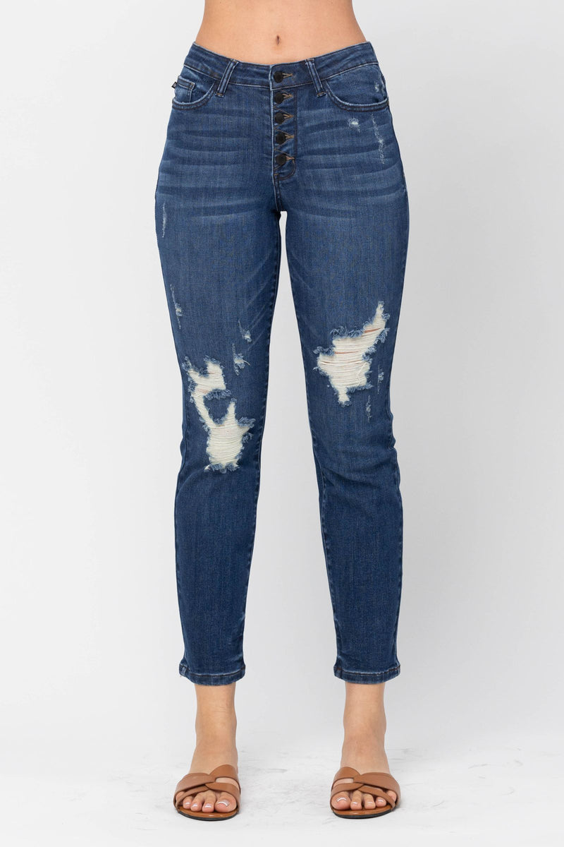 Judy Blue High Waist ZigZag Button Fly & Destroy Boyfriend Denim Jeans 88526