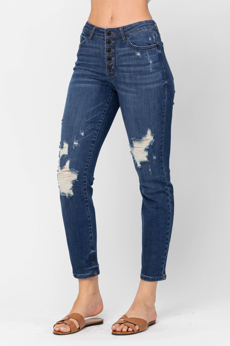 Judy Blue High Waist ZigZag Button Fly & Destroy Boyfriend Denim Jeans 88526