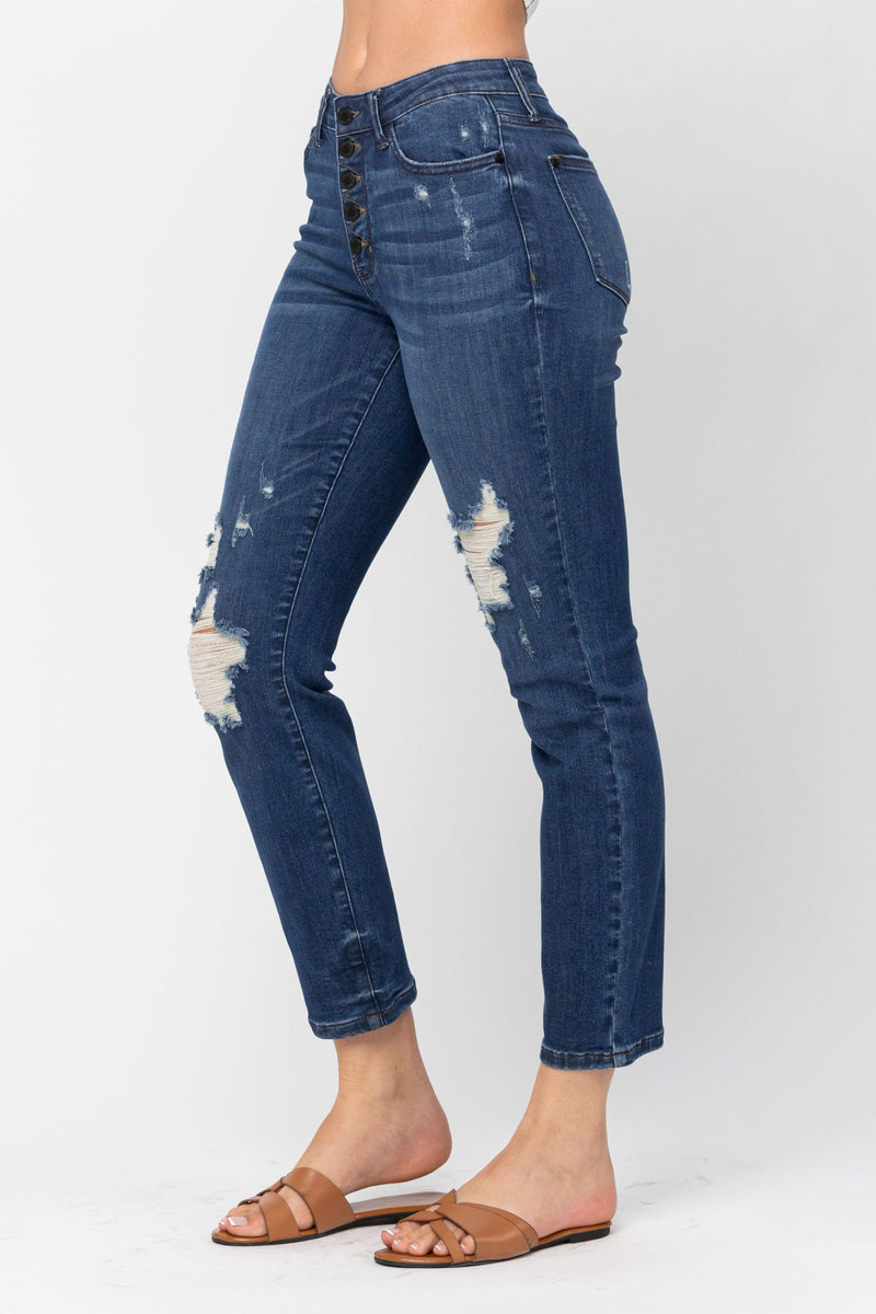 Judy Blue High Waist ZigZag Button Fly & Destroy Boyfriend Denim Jeans 88526