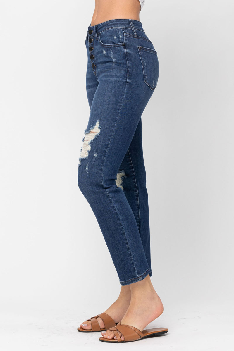 Judy Blue High Waist ZigZag Button Fly & Destroy Boyfriend Denim Jeans 88526